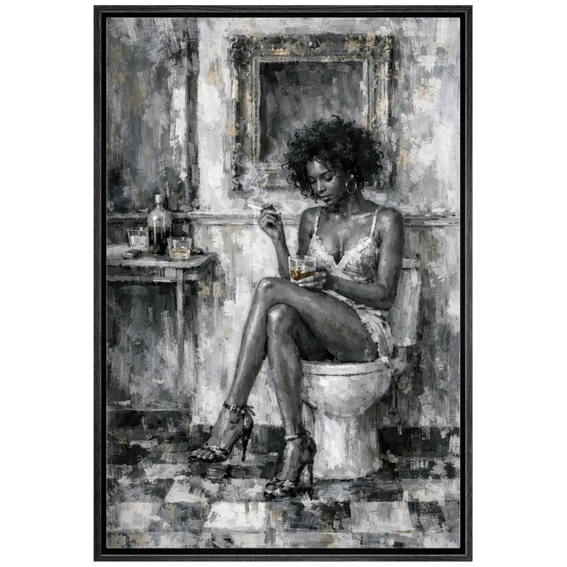 «Black and White Woman with Drink», œuvre d'art moderne de portrait, images de chambre à coucher, impression sur toile encadrée