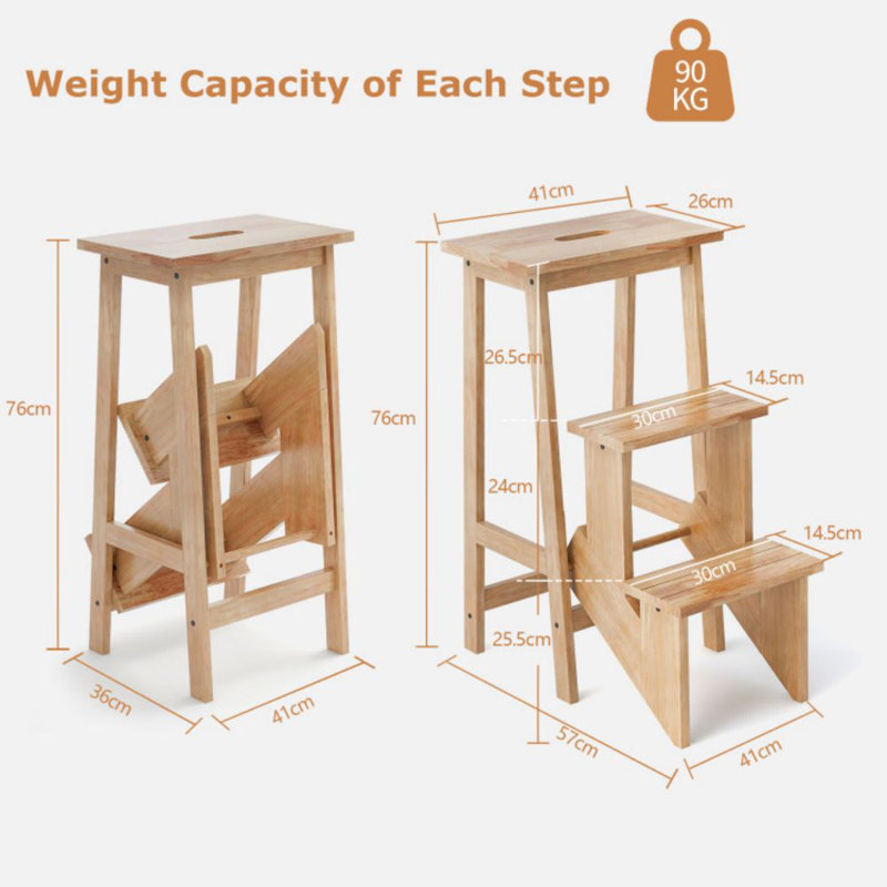 Gracie Oaks 3 Tier Step Stool 3 In 1 Folding Ladder Bench Storage Shelf Natural