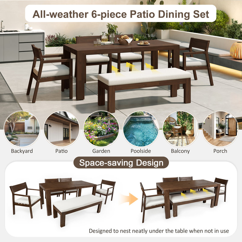 Jorvella 6 - Person Acacia Wood Outdoor Dining Set With Cushions, Mocha