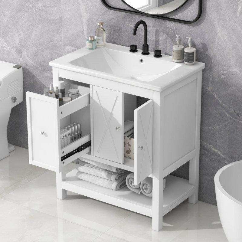 White Ceramic Top Single Sink Freestanding Bathroom Vanity