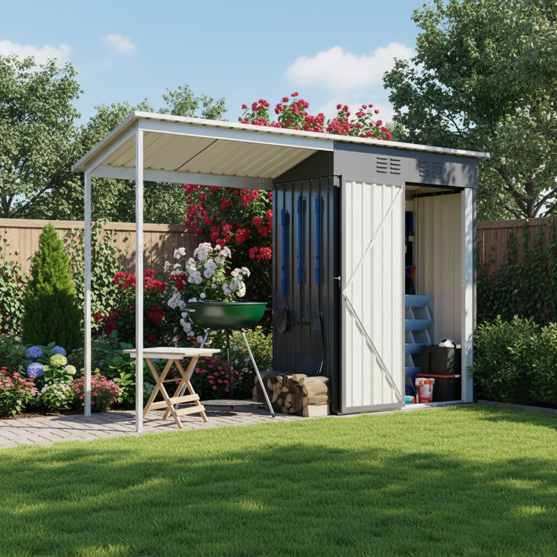 Remise de jardin en acier galvanisé 5 x 3 pi avec pergola, rangement extérieur 2 en 1