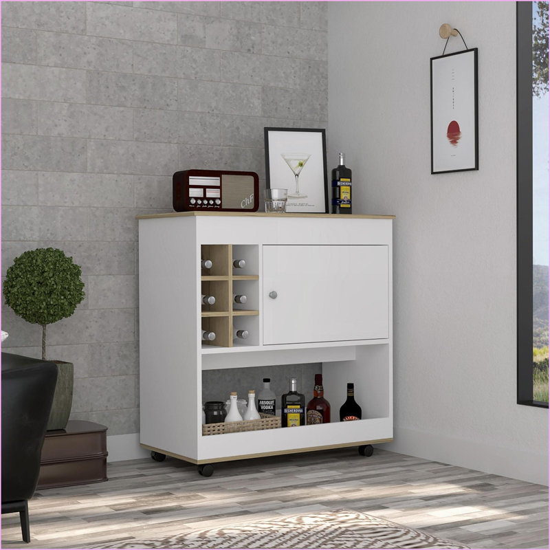 Chariot-bar avec 6 casiers à bouteilles, armoire et amp; Roulettes, finition chêne clair / blanc cassé | Chêne clair | Panneau de particules