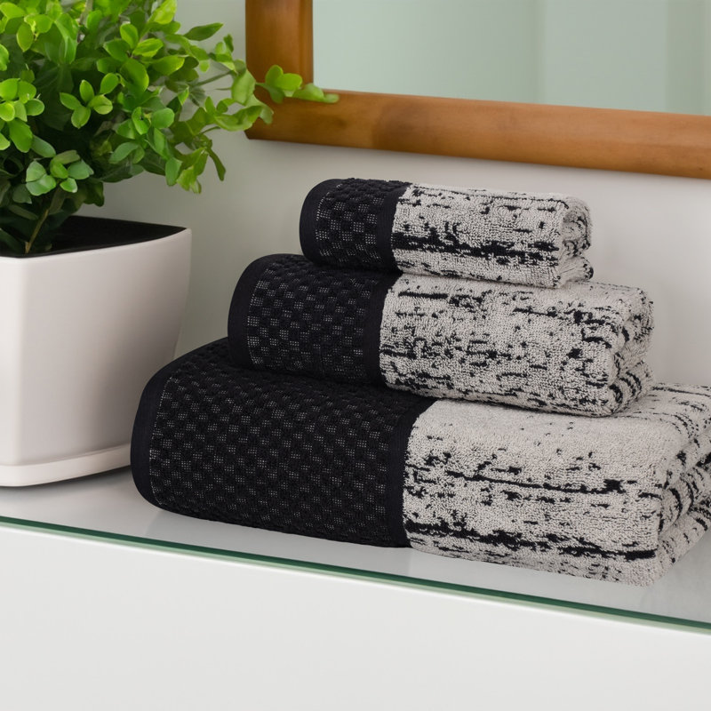 Lodie Cotton Plush Soft Absorbent Jacquard Solid 3 Piece Towel Set, Black/Ivory