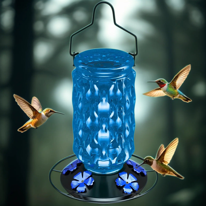 Mangeoire à colibri en verre pour l'extérieur, mangeoire en nectar à l'épreuve des fuites avec orifices à fleurs et perchoir, mangeoire à oiseaux suspendue en cristal pour le jardin, le patio, la cour arrière