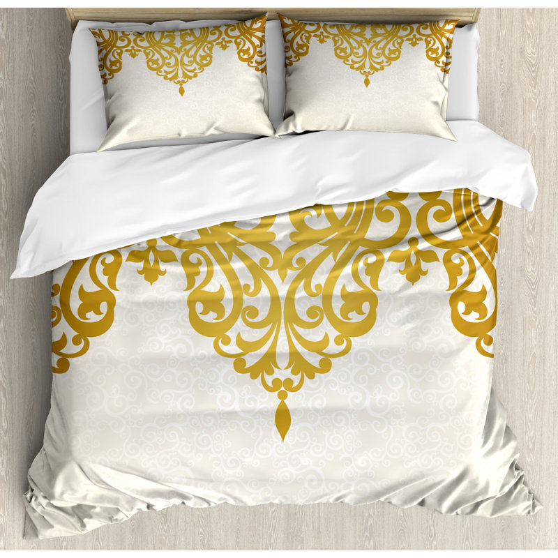 French Country Polyester Damask Duvet Cover, Queen Duvet Cover + 2 Shams
