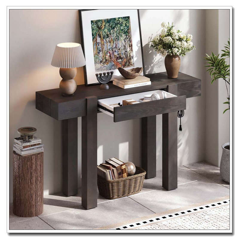 Console Table With Hidden Drawer, Side Power Outlet,Wood Entryway Table For Entryways, Espresso