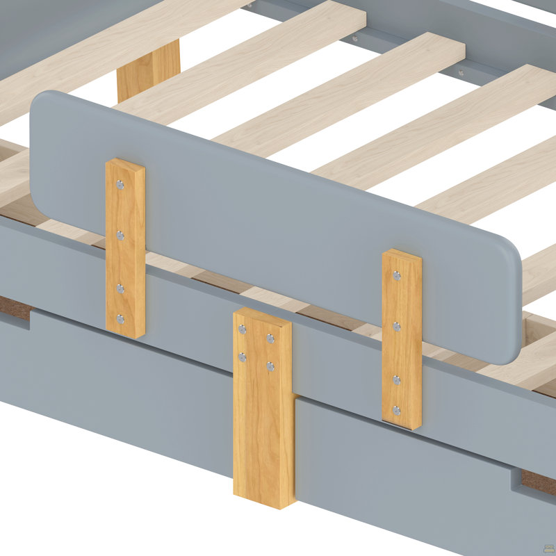 Lit plateforme simple avec tiroirs de rangement, structure de lit en bois massif avec garde-corps, Gris, Lit simple