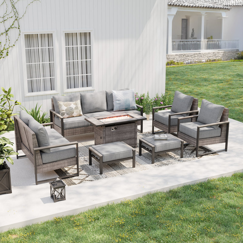 Ensemble de canapé de patio 7 pièces avec foyer 45 po, Lin gris