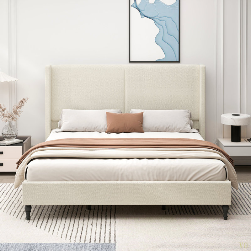 Structure de lit très grand avec tête de lit tapissier à dossier haut de 55,5 po, support à lattes Boucle Fabric12, panneaux latéraux épaissis, pieds en bois massif, aucun sommier tapissier requis