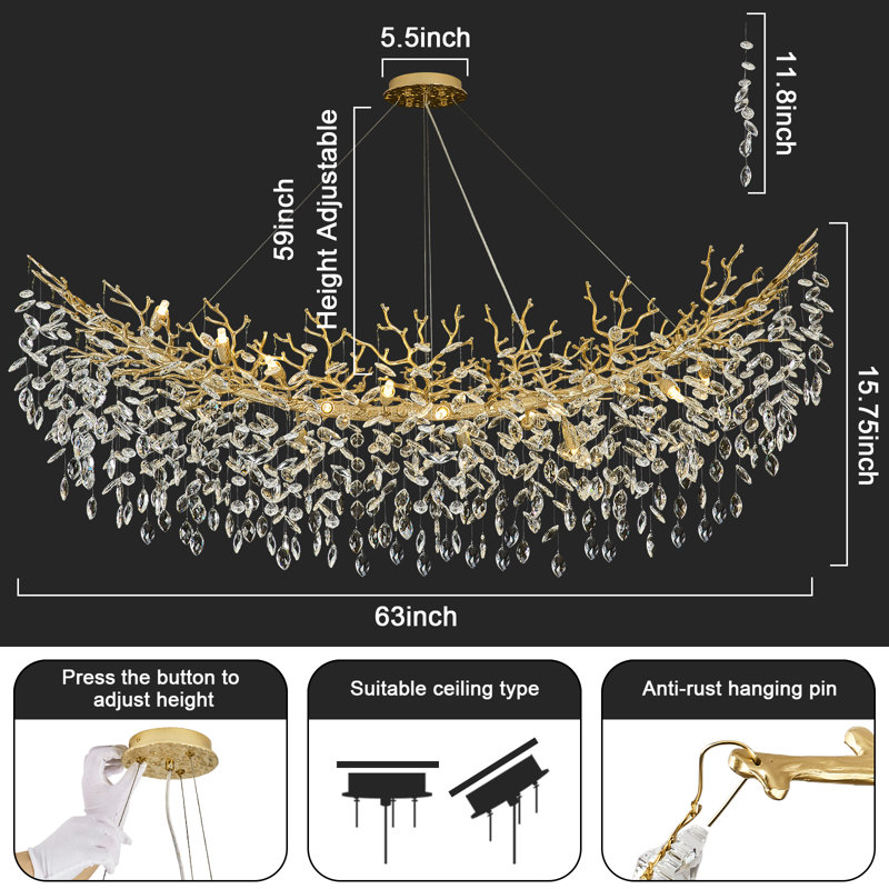 Tree Branch Crystal Chandelier Lighting, 15.7" H x 63" W x 15.7" D, 18, Gold/White