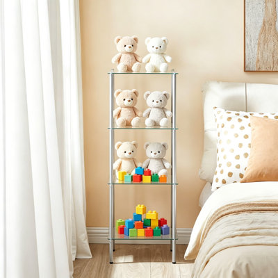 Étagère en verre trempé à 4 niveaux, support en verre trempé pour salle de bain, chambre à coucher, petit espace, organisateur de parfum, unité de rangement peu encombrante avec structure en acier, 15 x 11,8 x 41,3 pouces, argent