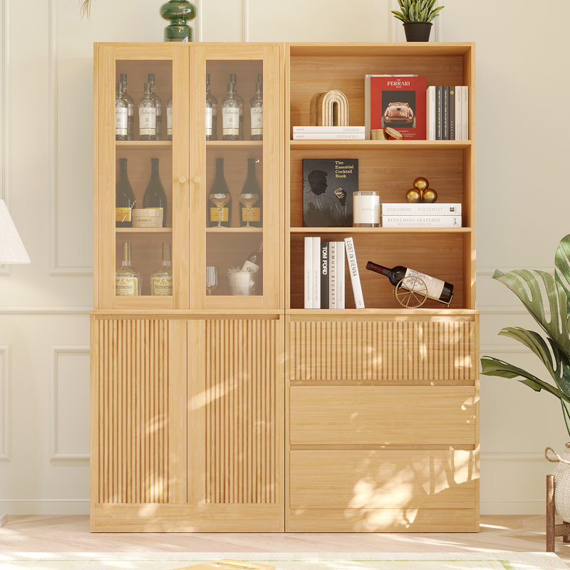 71" H X 47.3" W Bookcase Cabinet With Glass Doors & Open Shelves, 3-Tier Modern Bookshelf With 3 Large Drawers(A+B)