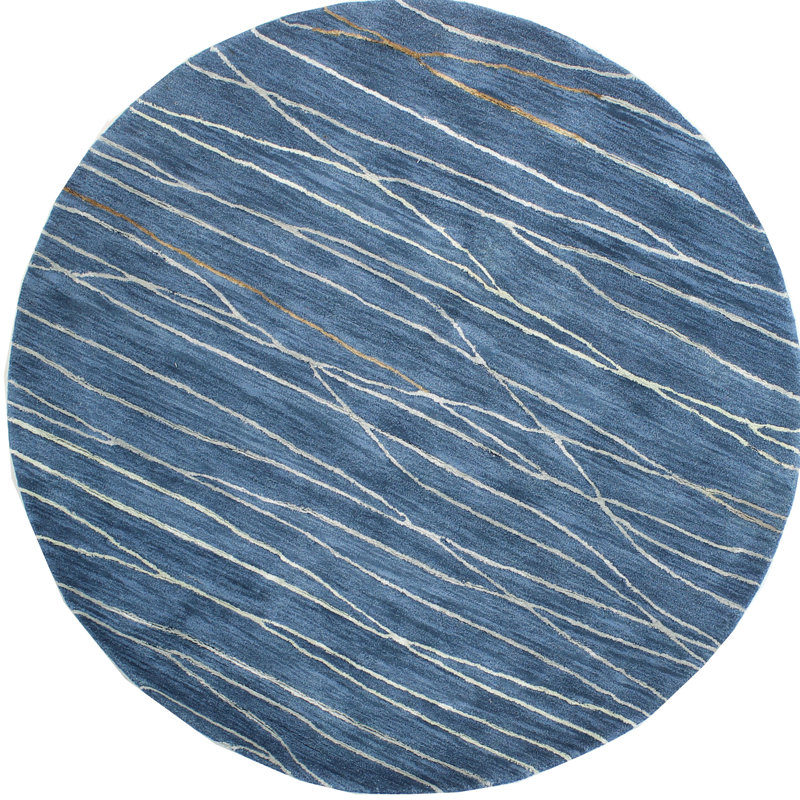 Tapis bleu azur à motif abstrait touffeté à la main Soleia, Rond 8 pi