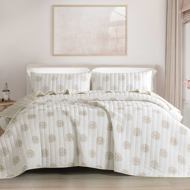 Ensemble de literie 3 pièces Wonderful Schautz, Courtepointe grand + 2 couvre-oreillers standard, Blanc cassé, floral