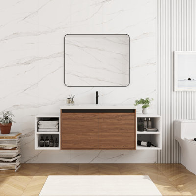 Meuble-lavabo mural avec 2 portes et tablettes de rangement latérales