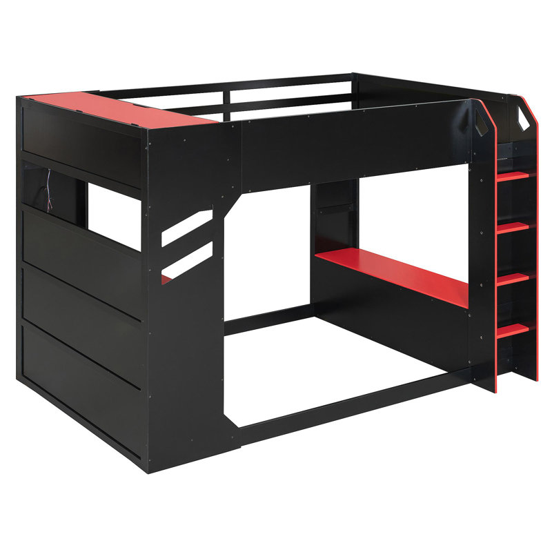 Lit mezzanine double en bois avec bureau à hauteur réglable, tiroirs, compartiments de rangement, tringle à suspension et lumières RVB, rouge