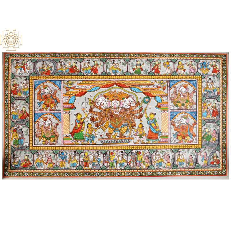 Peinture de dieu indou Ganesh Leela | Peinture de Patta sur soie de tussar
