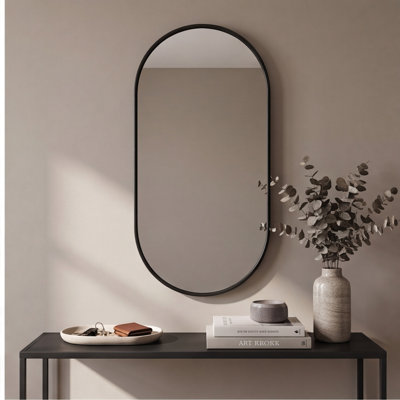 Black PVC Frame Oval Wall Mirror, 18 x 40 Inches – Modern Bathroom Mirror, Horizontal or Vertical Hanging, HD Tempered Glass