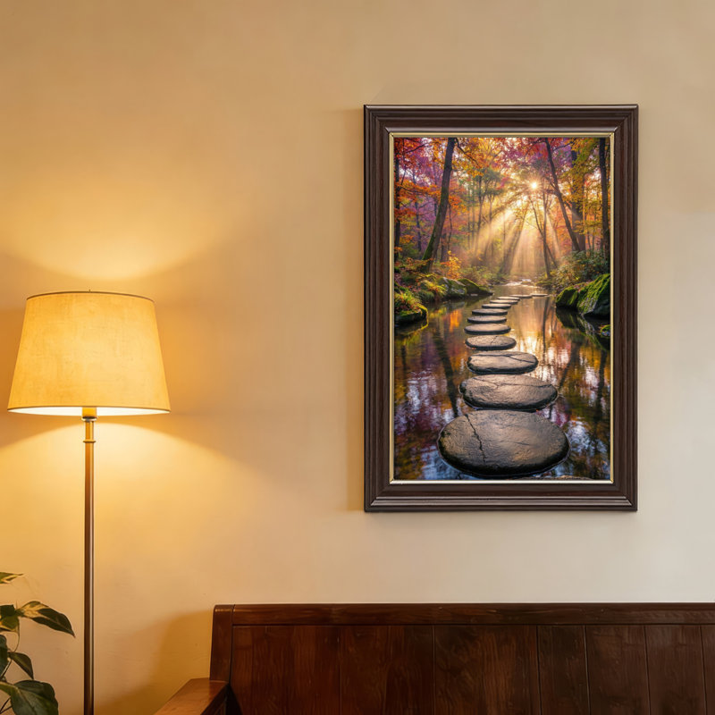Art mural antique sur toile encadré doré pour le salon, la chambre à coucher, le bureau ou le vestibule - décoration murale décorative avec sentier forestier