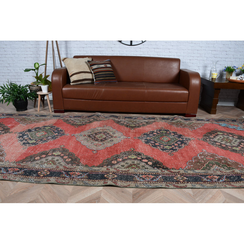 Grand tapis turc rétro rouge pour le salon ou la cuisine fabriqué à la main en laine avec un design anatolien