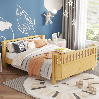 Lit plateforme en bois pleine grandeur pour enfants avec rails de sécurité, lit en bois à profil bas pour filles et garçons, naturel