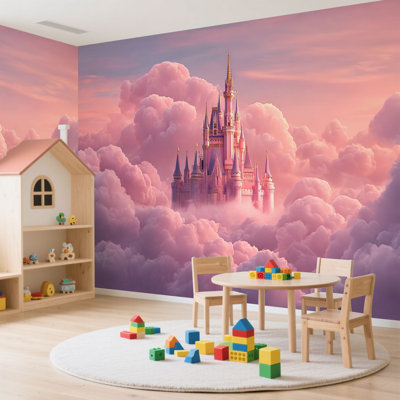 Peel and Stick Wallpaper 144" L x 100" W Modern Self Adhesive Wall Mural for Bedroom Fairytale Castle Clouds Pink Purple Sky