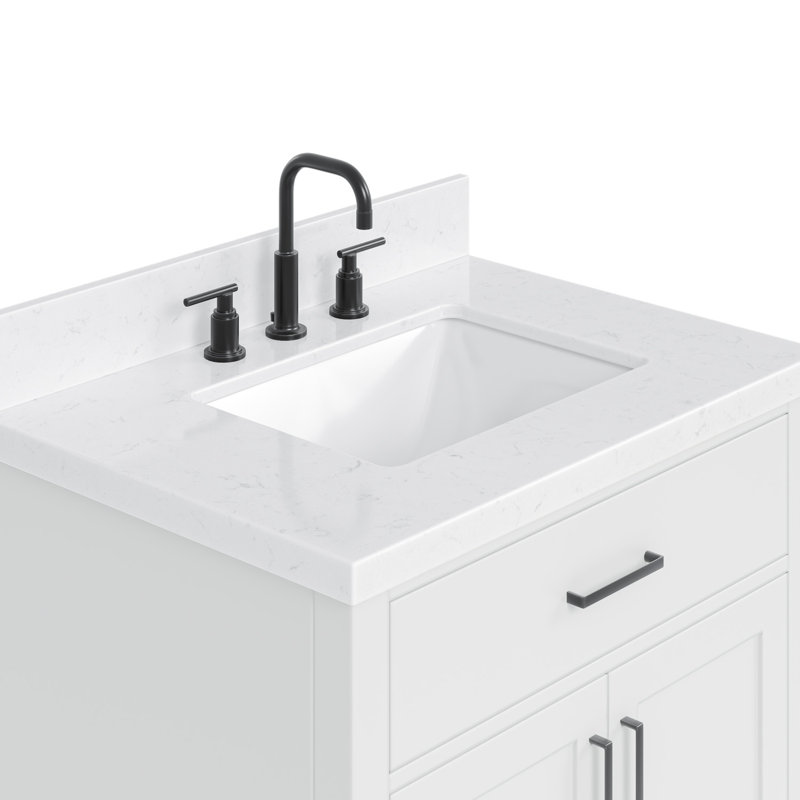 Meuble-lavabo simple en bois massif 30 po avec plateau en quartz Carrara de 1,5 po Tidworth, Blanc / nickel brossé