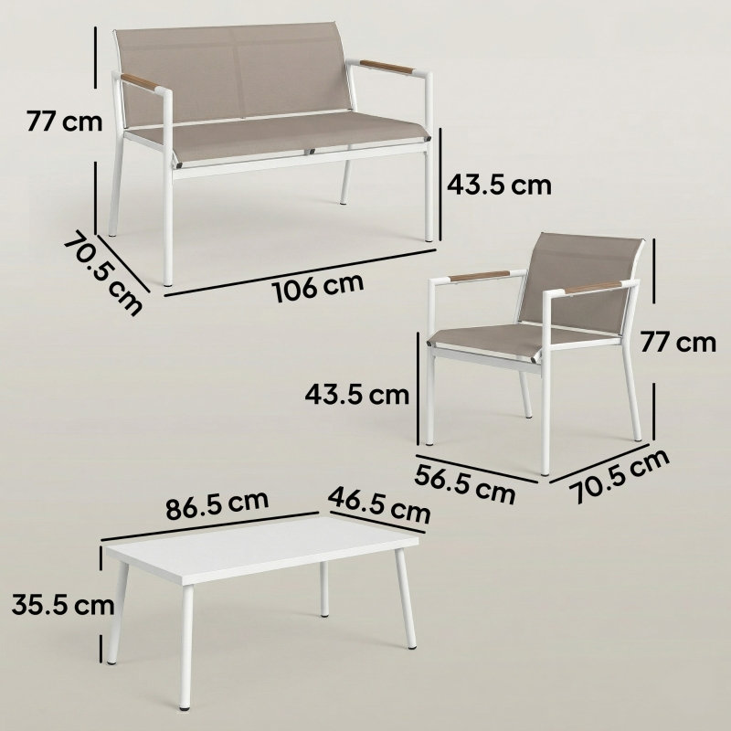 4 Seater Khaki Metal Garden Sofa Set with Loveseat, 2 Armchairs, Breathable Mesh Seats and Coffee Table, Khaki