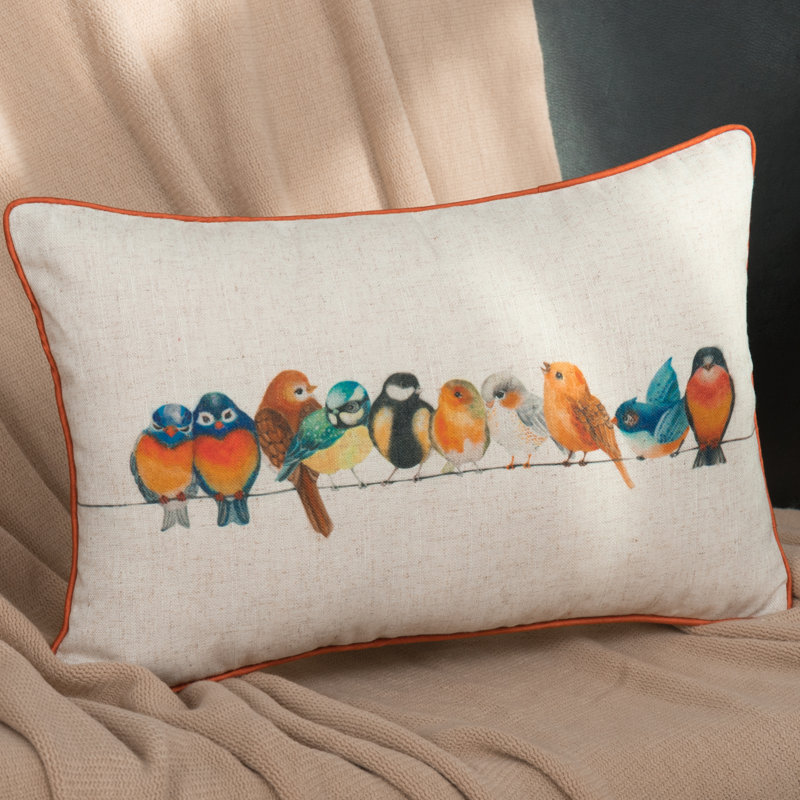 Housse de coussin en lin Birds, Blanc / bleu / noir / orange, H 12 pi x l 18 po, Rectangulaire