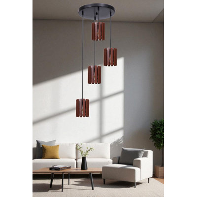 Élégant lustre réglable, structure en métal avec finition noyer et noire, plaque de base 30 x 1,2 pouces, capuchon 31,5 x 7,5 pouces, 4 douilles E27 de 40 W maximum (ampoules non incluses) | Parfait pour la salle à manger et les espaces de vie, classe IP20