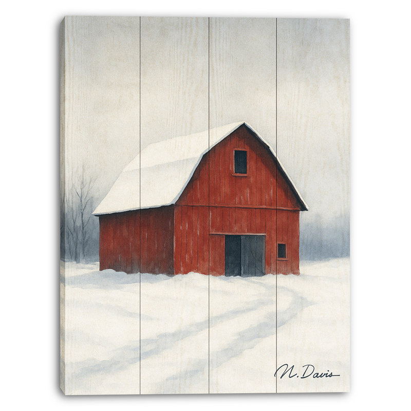 «Winter Barn Serenity - Rustic Red Barn, art sur toile, H 24 po x l 36 po