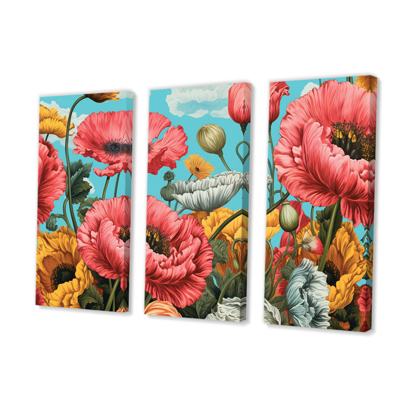 «Sunlight Beautiful Poppy Fields» - ensemble d'art mural coquelicots, H 40 po x l 60 po x P 1 po