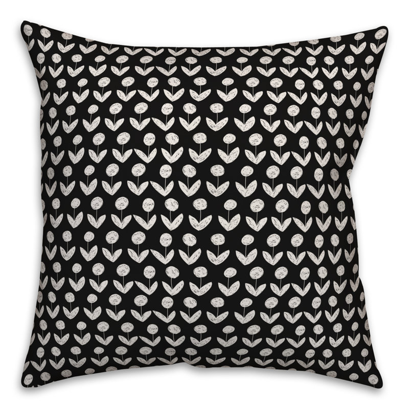  Coussin Drawn Flowers, Noir, 16 po x 1 po
