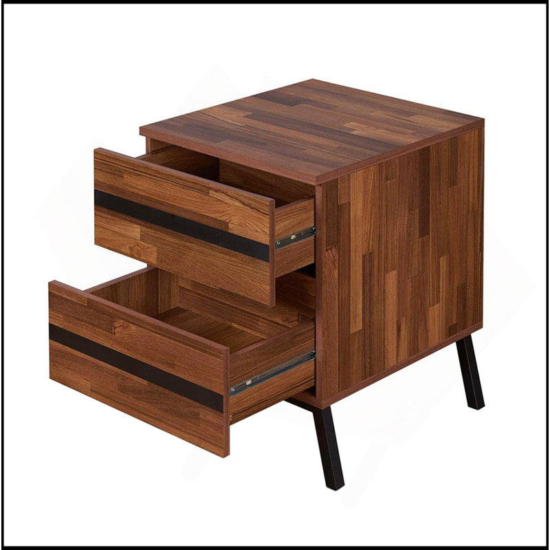 Table de chevet 2 tiroirs avec pieds inclinés, noyer