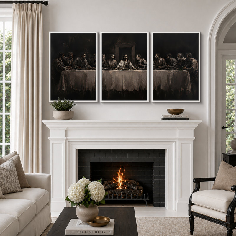 «Classic Classic Gathering At Long Table», art de la salle de prière, impression sur toile encadrée, 3 pièces, Cadre blanc