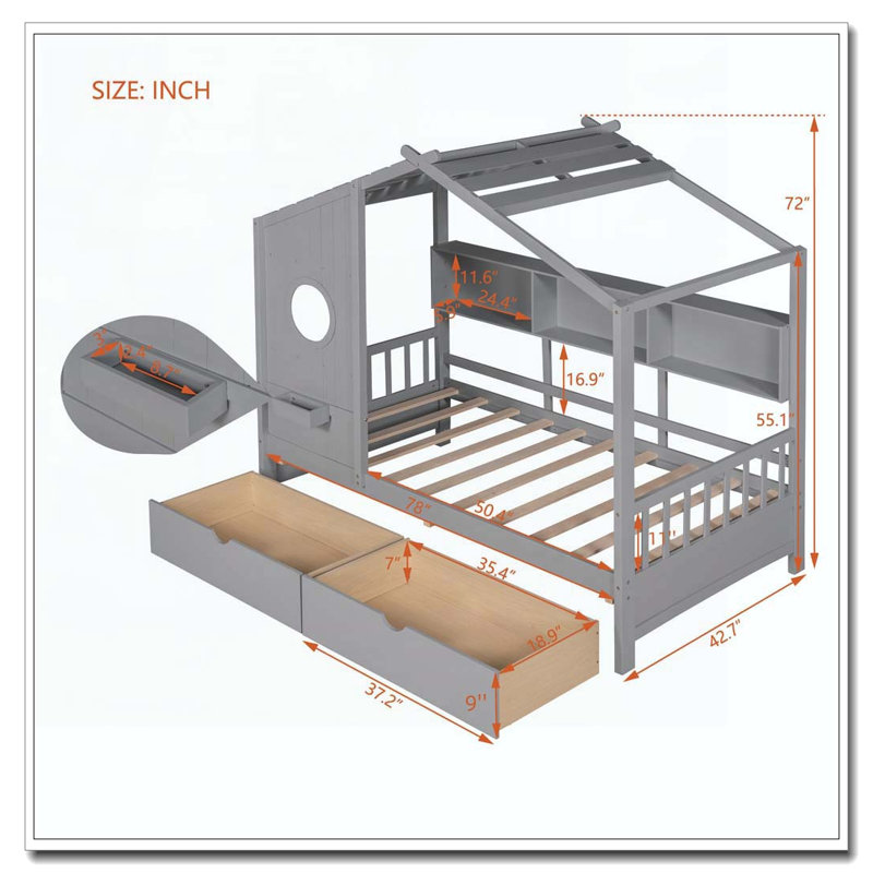 Lit simple en bois avec 2 tiroirs, Gris, Lit simple