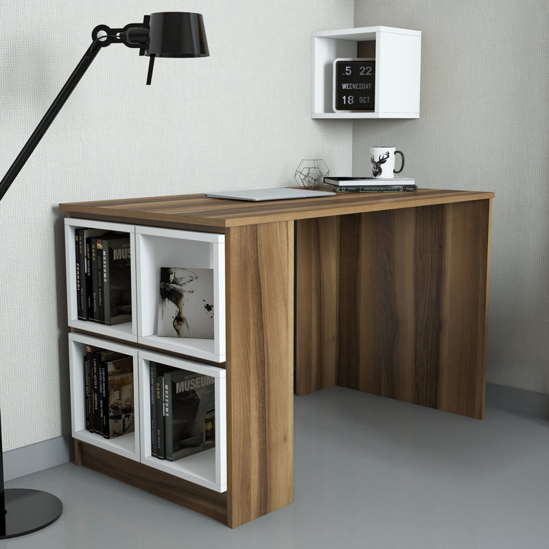 Modern Study Desk with Wall Shelf, Walnut & White, 47.2 x 29.5 x 25.6 Inches | 100% Melamine Coated Particle Board, Thickness: 0.7 Inches | Multiple Shelves, Space-Saving, Stylish Design for Home Office & Study Spaces
