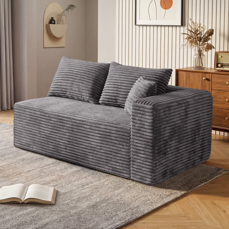 59" Wide Corduroy Loveseat, Upholstered Modular Loveseat with Pocket Spring and 3 Pillows, No Assembly Required Sectional Component for Living Room & Media Room Gray