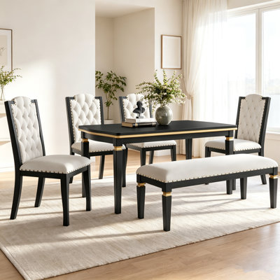 Ensemble de table de salle à manger 6 pièces, table rectangulaire de 60 po, 4 chaises capitonnées à haut dossier et 1 banc pour la salle à manger et la cuisine (noir)