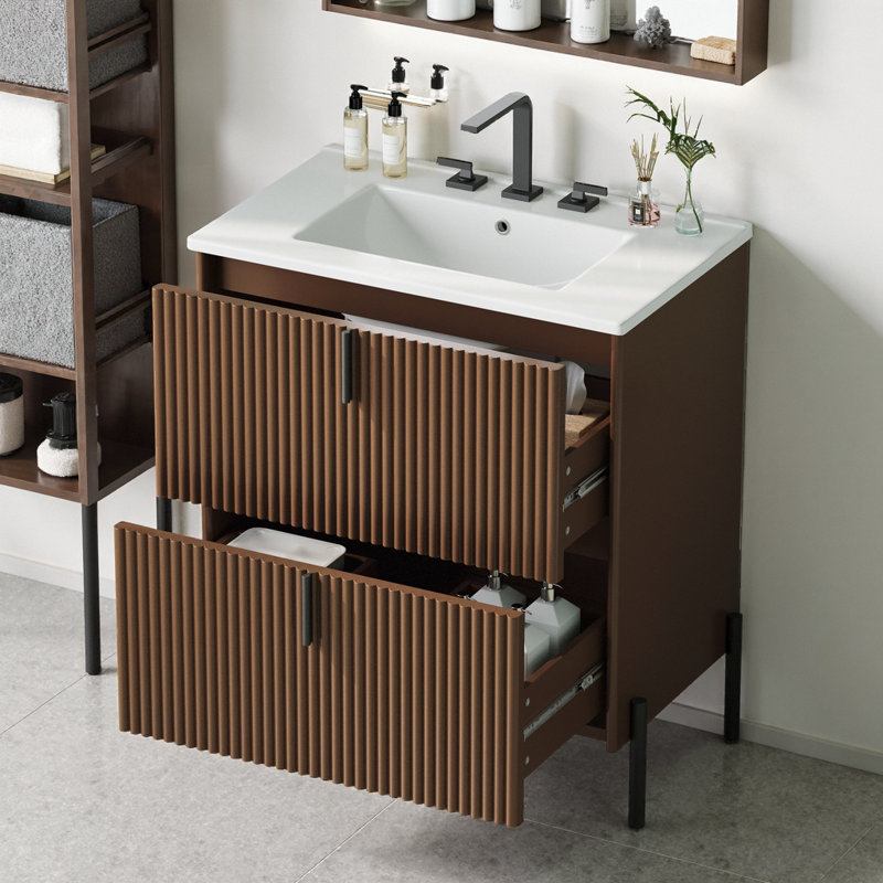 Meuble-lavabo brun foncé 30 po avec lavabo en céramique, tiroirs à fermeture en douceur et conception cannelée, Marron foncé