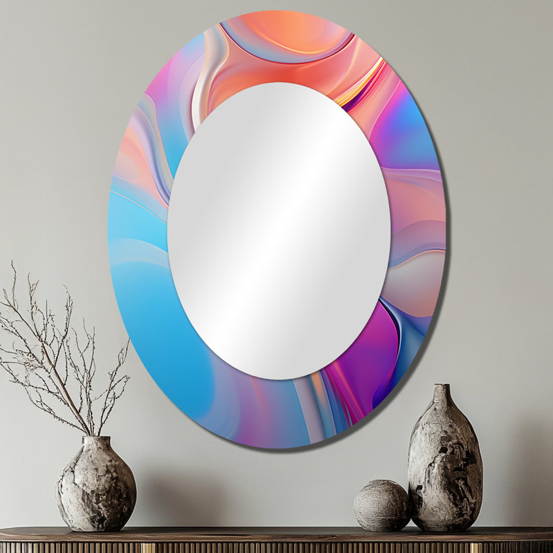 Transitionnel rose et bleu formes VI - Miroir décoratif abstrait ovale sur métal, 40 po x 30 po