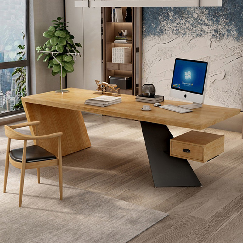 Bureau 1 tiroir Burlywood + bois massif noir rectangulaire + fer, H 29,53 po x l 62,99 po x P 27,56 po