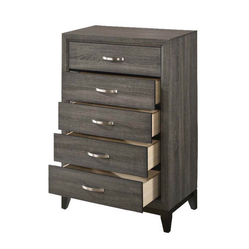 Commode 5 tiroirs de rangement Valdemar, finition grise vieillie