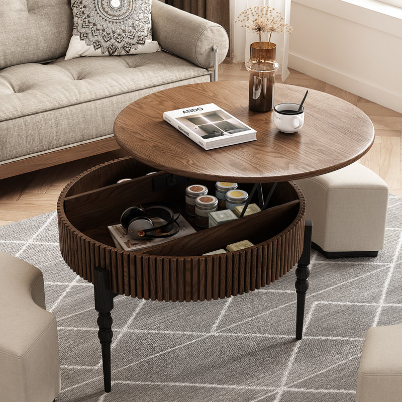 Table basse 31,5 "à grain de bois surélevé avec tablette de rangement et 3 tabourets, pieds en bois massif, Marron foncé
