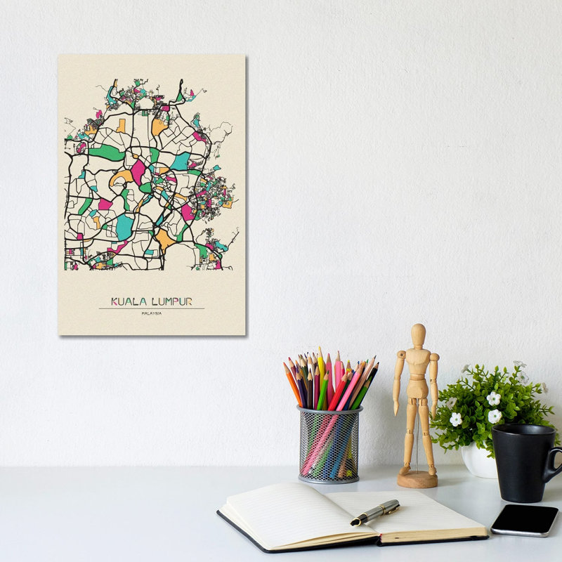 Kuala Lumpur, Malaysia Map by Ayse Deniz Akerman - Wrapped Canvas Print, 20.32 cm H x 30.48 cm W