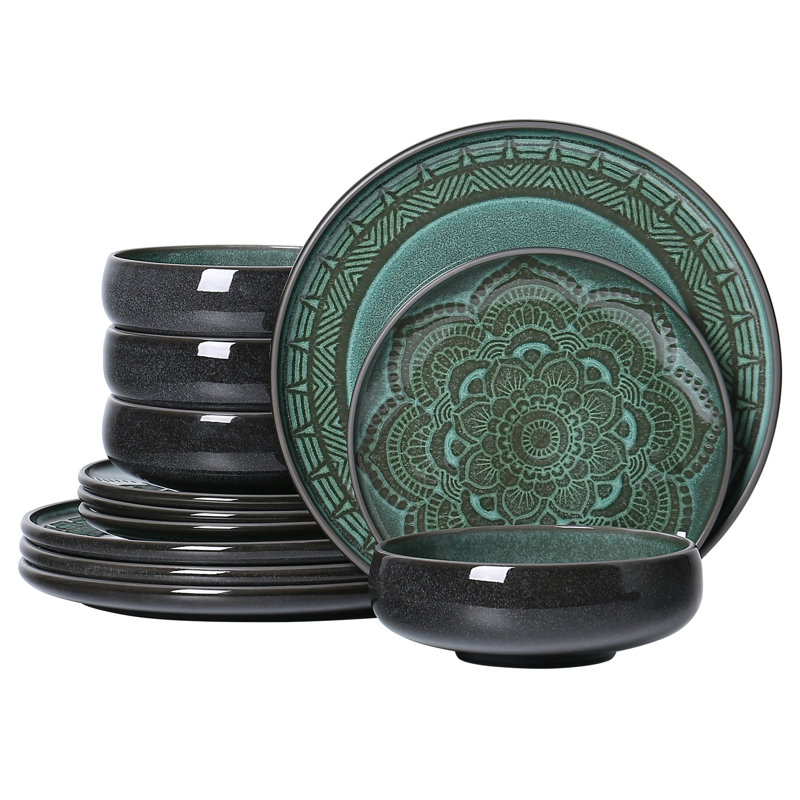 Service de table en grès 12 pièces Lotus Service - pour 4, Noir/vert