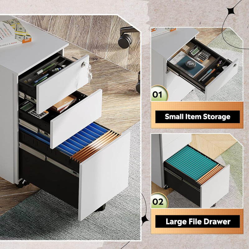 11.8 Inch Small File Cabinet With 3 Drawers, Rolling Filing Cabinet, White