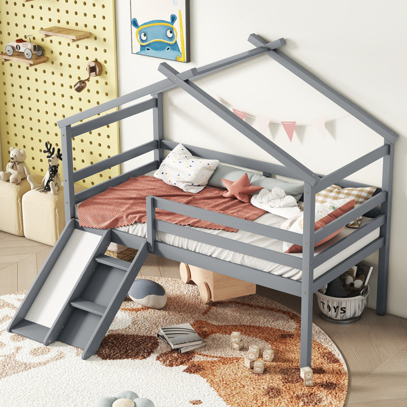 Grey Twin Size Low Loft House Bed with Slide, Ladder & Safety Guardrails – Kids Bedroom Playhouse Furniture, Gray