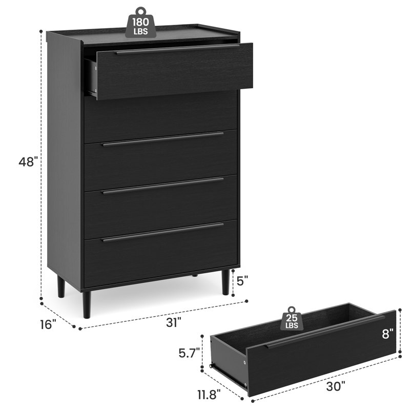 Modern 5-Drawer Dresser, 48" Wide Storage Cabinet for Bedroom
