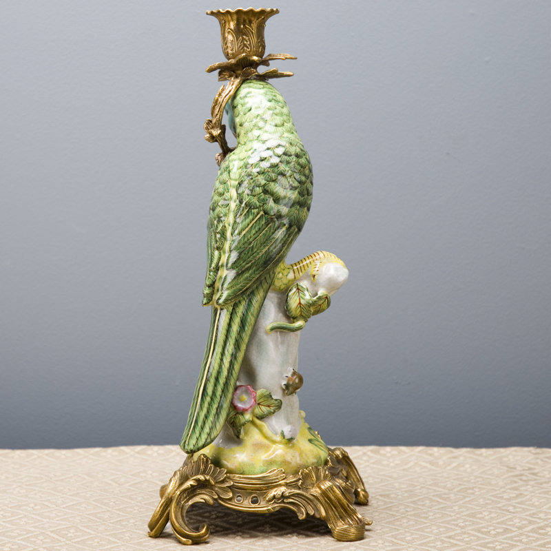 Porcelain Green Parrot Figurine Candle Holder With Bronze Ormolu Right Side